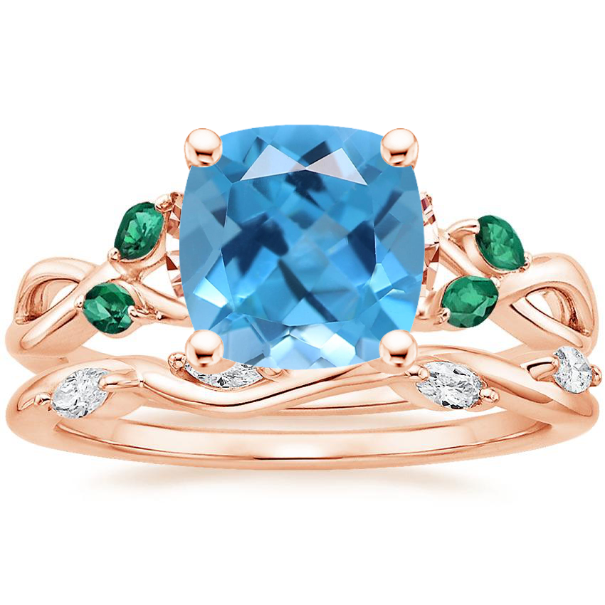 14K Rose Gold Willow Ring With Lab Emerald Accents with Winding Willow Diamond Ring (1/8 ct. tw.)