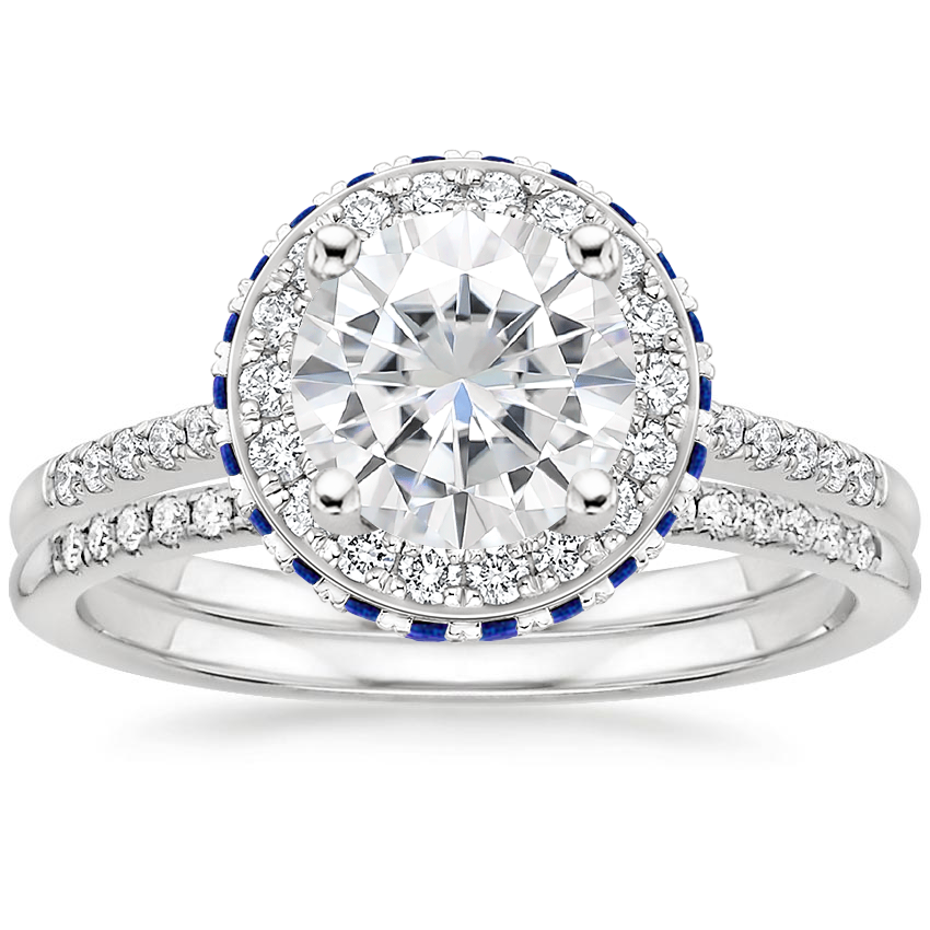 18KW Moissanite Circa Diamond Ring with Sapphire Accents (1/4 ct. tw.) with Whisper Diamond Ring (1/10 ct. tw.), top view