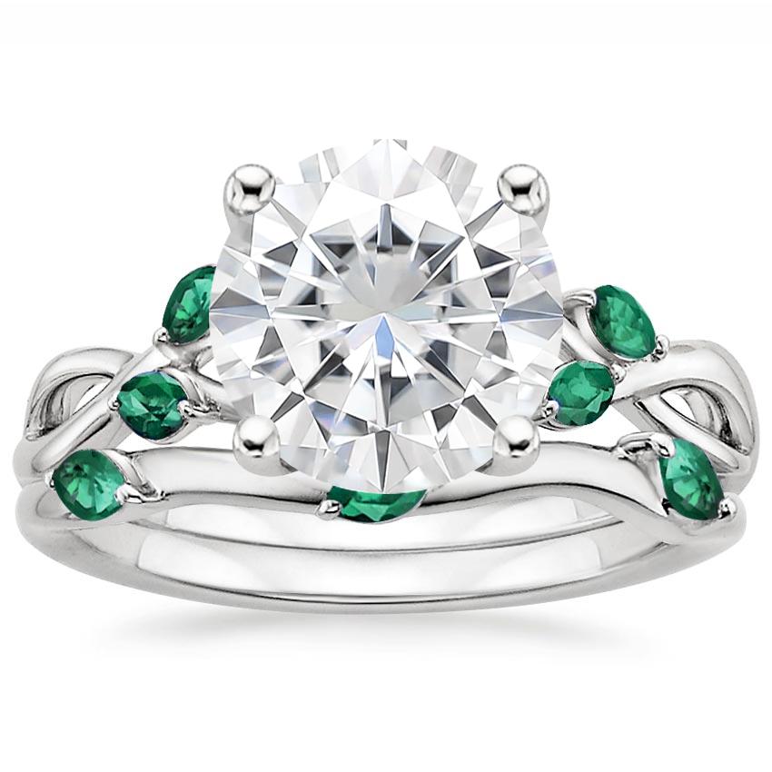18KW Moissanite Willow Bridal Set With Lab Emerald Accents, top view