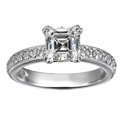 Custom Asscher Diamond Ring with Bead-set Diamond Accents and Milgrain