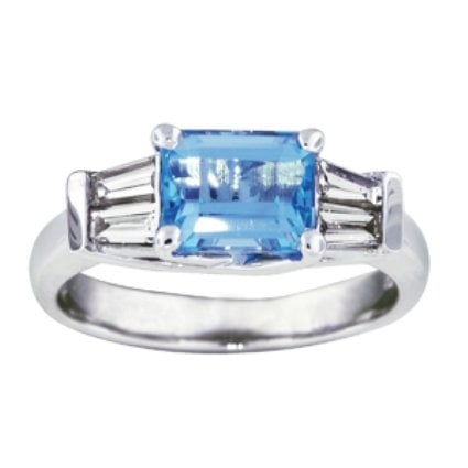 Custom Emerald Cut Aquamarine Trellis Ring With Tapered Baguette