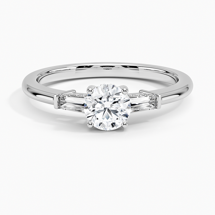 18K White Gold Adorned Tapered Baguette Three Stone Diamond Ring