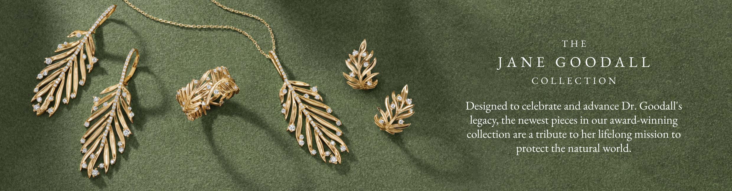 Gold leaf earrings, diamond, and necklace from The Jane Goodall Collection.