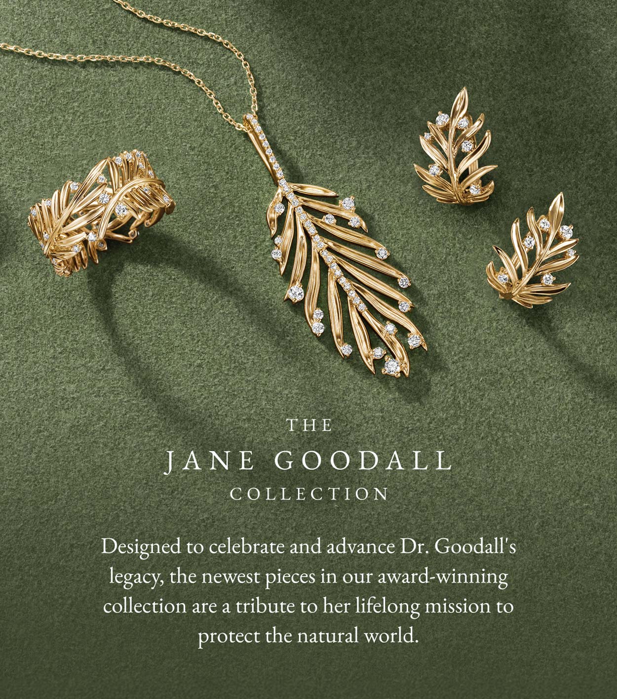 Gold leaf earrings, diamond, and necklace from The Jane Goodall Collection.