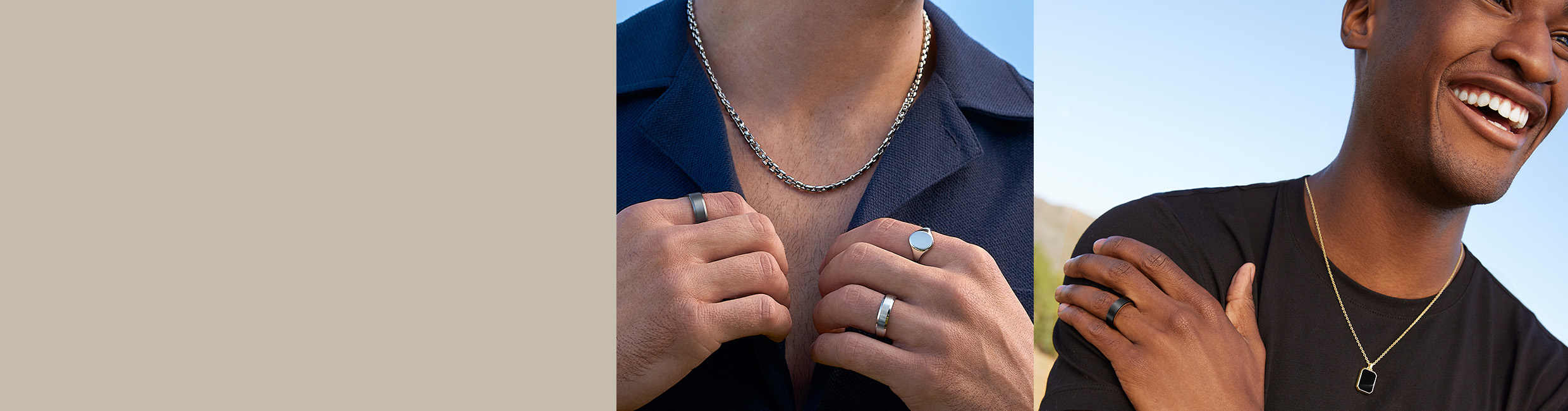 Two models wearing men's fine jewelry and wedding bands.