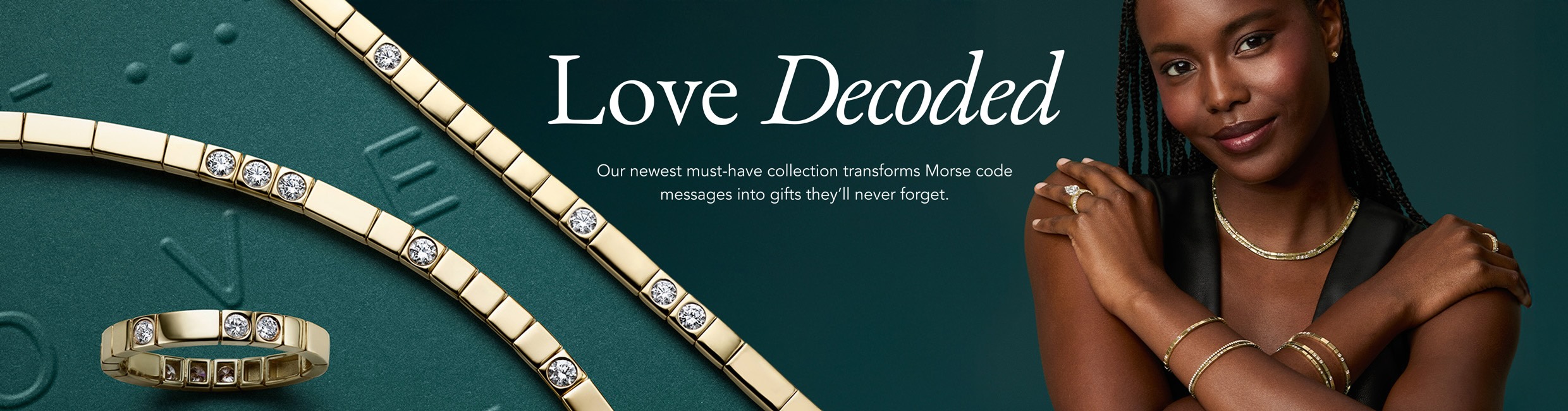 Model wearing fine jewelry from the Love Decoded collection.