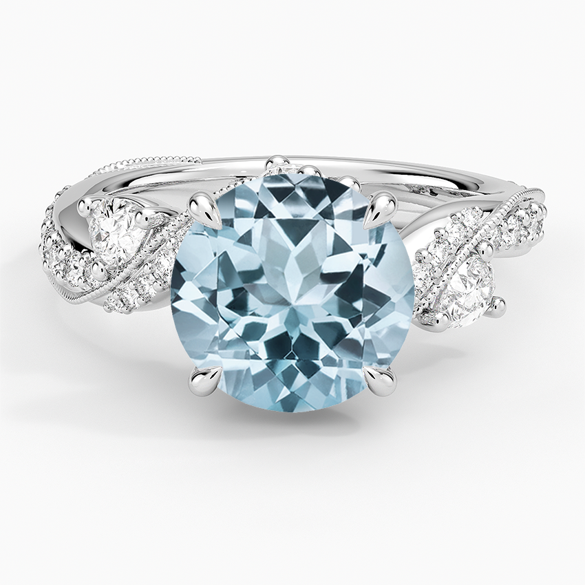 Aquamarine Grand Camellia Diamond Ring in 14K White Gold