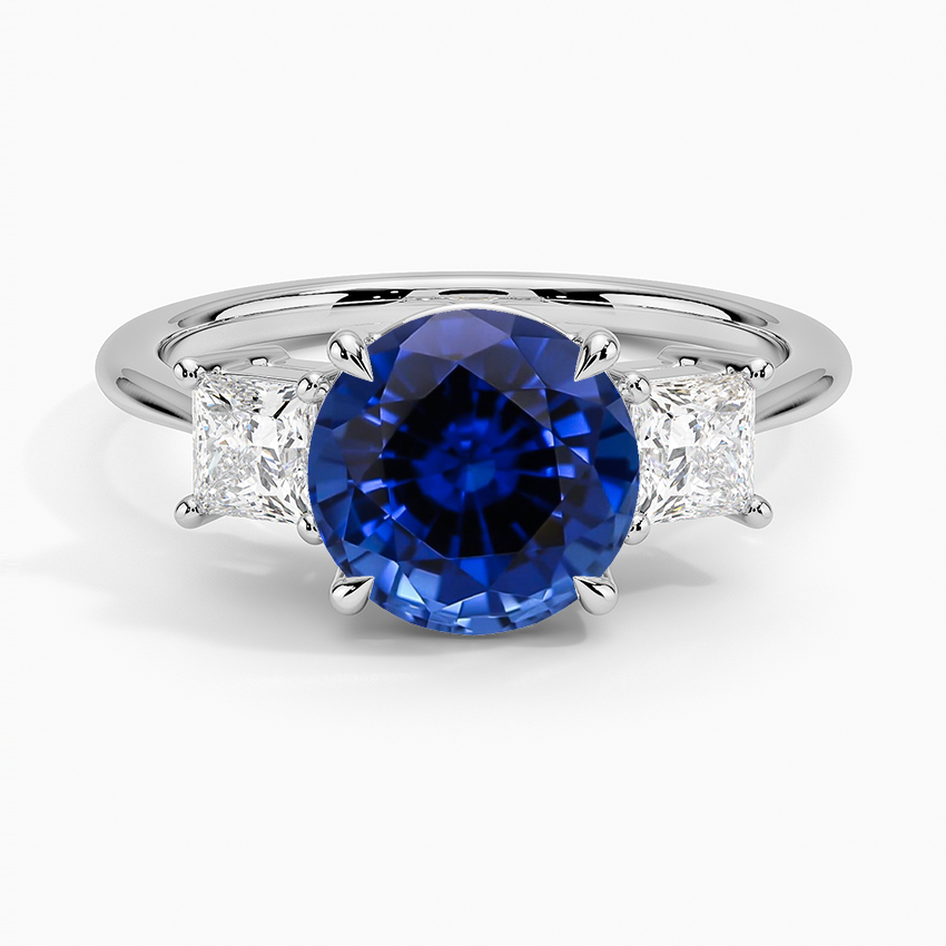 Lab Grown Sapphire Princess Cut Three Stone Diamond Ring in 18K White Gold
