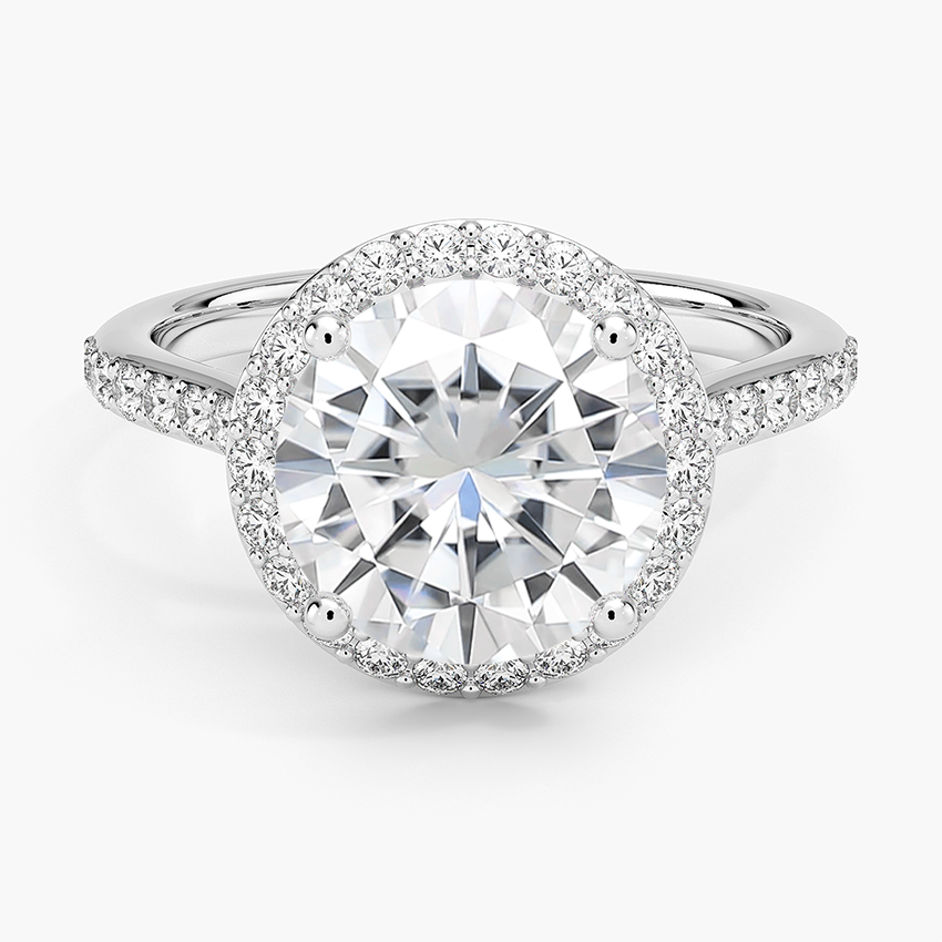 Moissanite Halo Diamond Ring with Side Stones (1/3 ct. tw.) in 14K White Gold