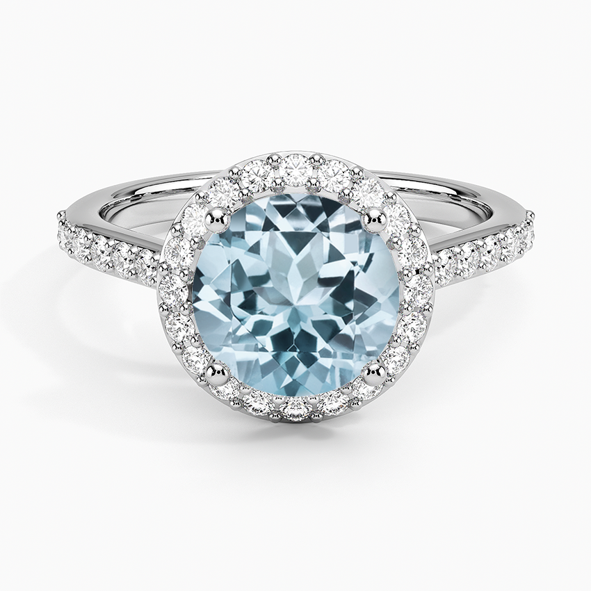 Aquamarine Halo Diamond Ring with Side Stones (1/3 ct. tw.) in 18K