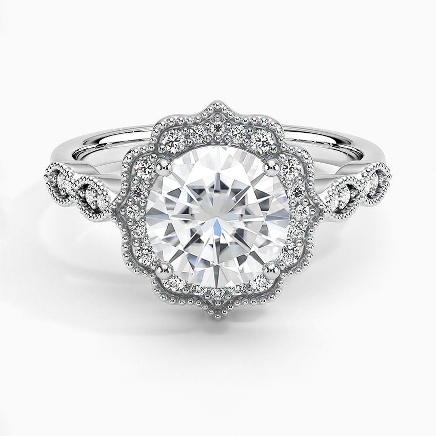 Moissanite Cadenza Halo Diamond Ring in 18K White Gold