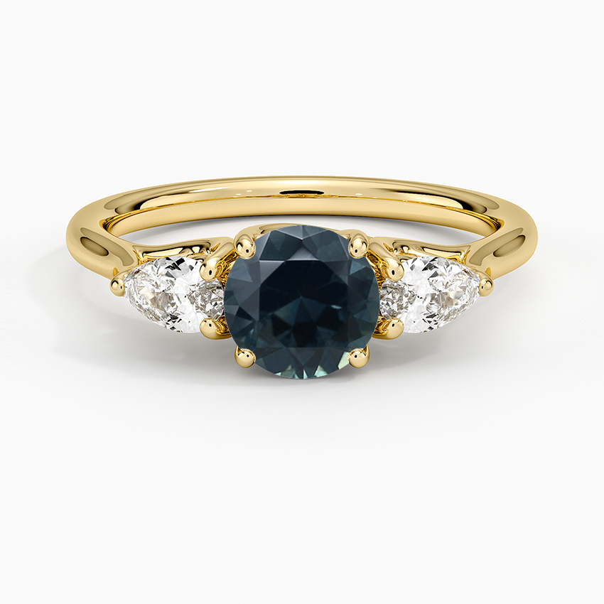 Sapphire Trellis Three Stone Pear Diamond Ring in 18K Yellow Gold