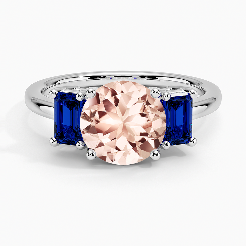 Morganite Luxe Rhiannon Three Stone Sapphire Ring in 18K White Gold