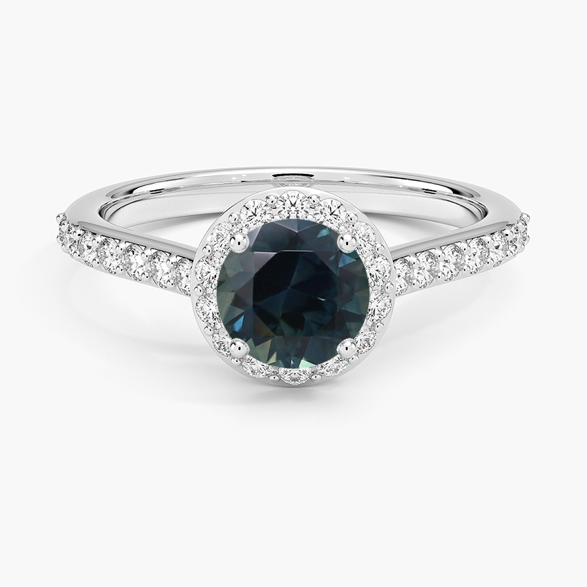 Sapphire Halo Diamond Ring with Side Stones (1/3 ct. tw.) in 18K White Gold