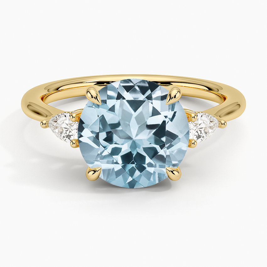 Aquamarine Adorned Petite Opera Three Stone Diamond Ring in 18K Yellow Gold
