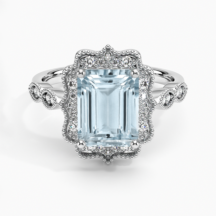 Aquamarine Cadenza Halo Diamond Ring in 18K White Gold