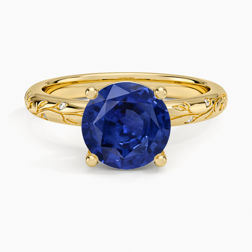 Sapphire Verdure Engraved Diamond Solitaire Ring in 18K Yellow Gold