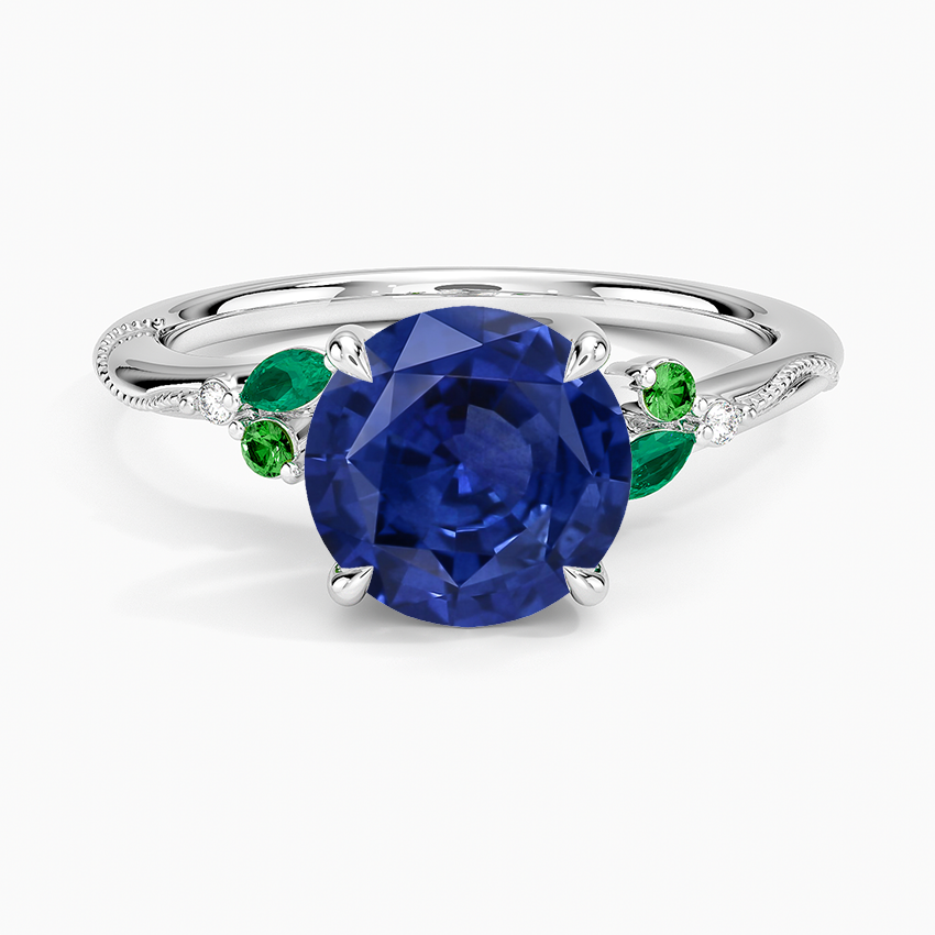Sapphire Camellia Milgrain Green Gemstone And Diamond Ring in 18K White Gold