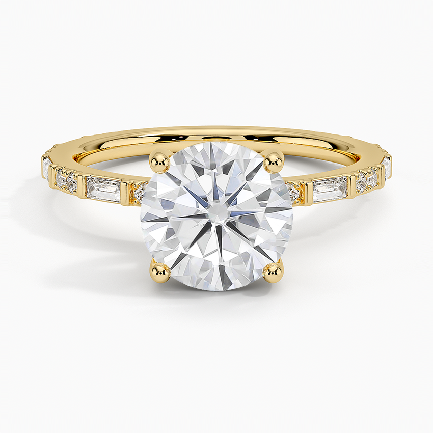 Moissanite Luz Baguette and Round Diamond Ring in 18K Yellow Gold