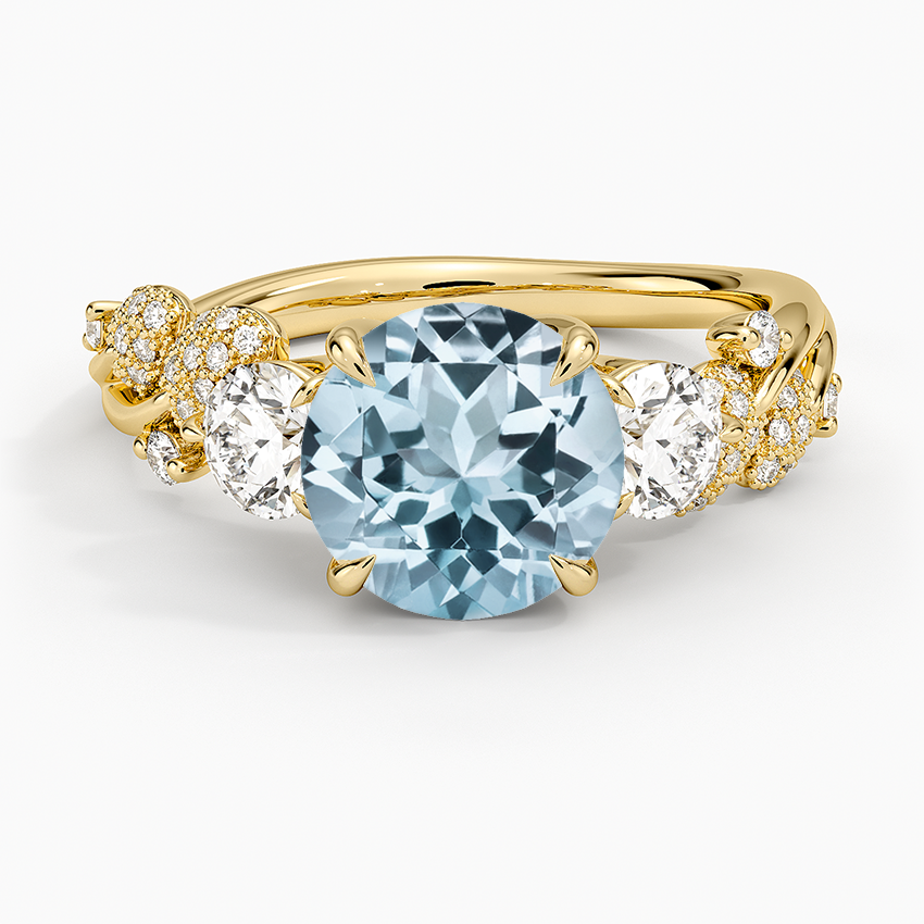Aquamarine Canopy Three Stone Diamond Ring in 18K Yellow Gold