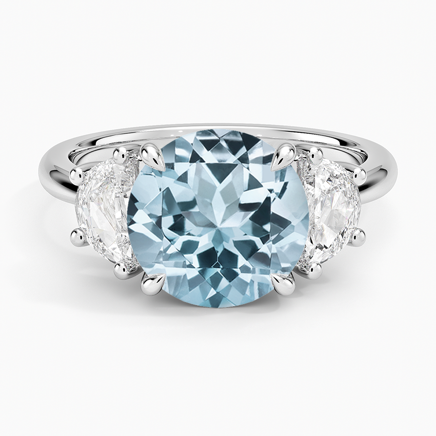Aquamarine Half Moon Three Stone Diamond Ring (1/2 ct. tw.) in 14K White Gold
