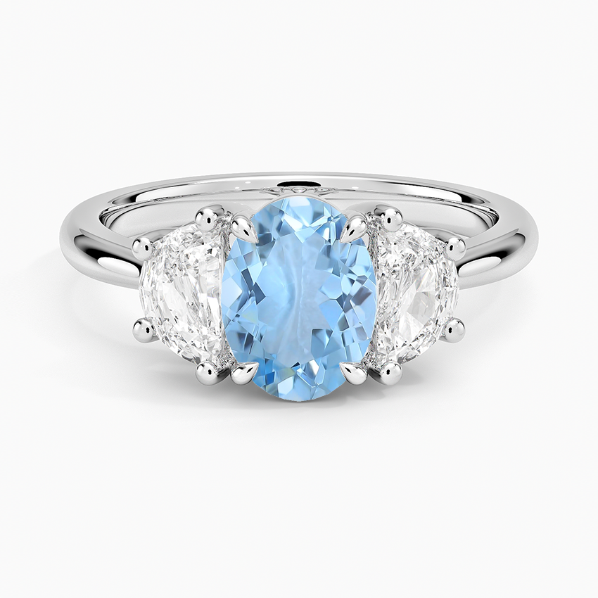 Aquamarine Half Moon Three Stone Diamond Ring (1/2 Ct. Tw.) in 18K White Gold