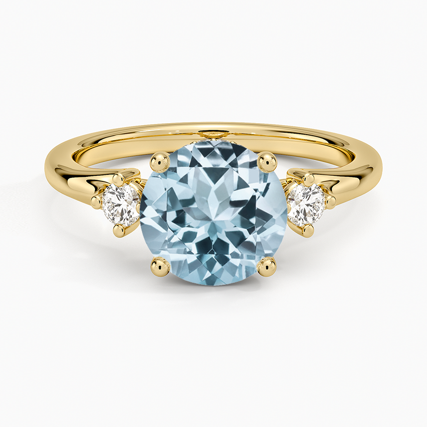 Aquamarine Floating Three Stone Diamond Ring in 14K Yellow Gold