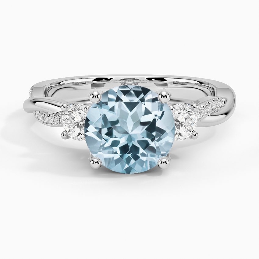 Aquamarine Adorned Petite Twisted Vine Three Stone Diamond Ring in 18K White Gold