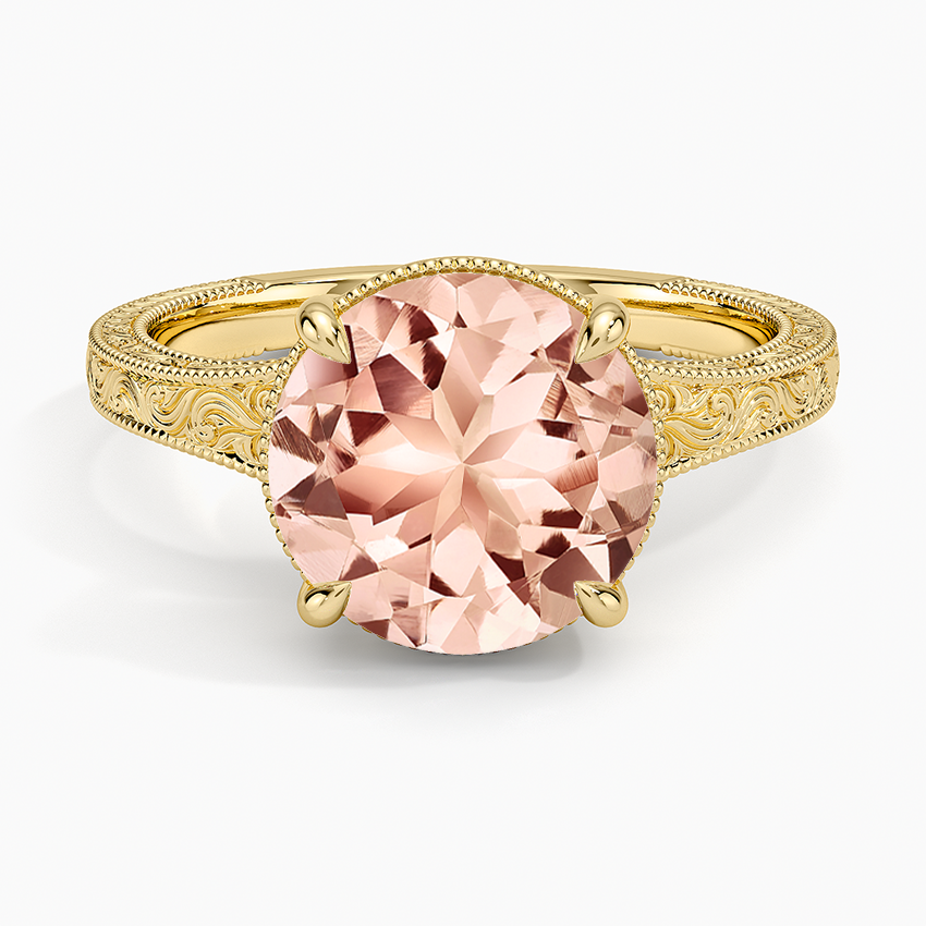 Morganite Tapered Elsie Engraved Solitaire Ring in 14K Yellow Gold
