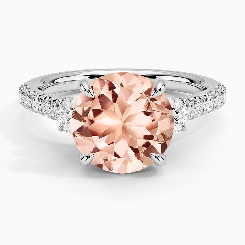 Morganite Amelie Three Stone Diamond Ring in 14K White Gold