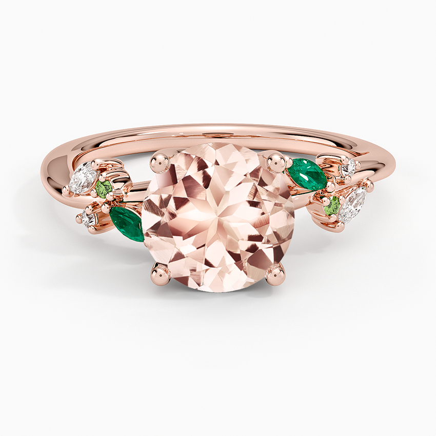 Morganite Arden Diamond Ring with Lab Emerald Accents in 14K Rose Gold