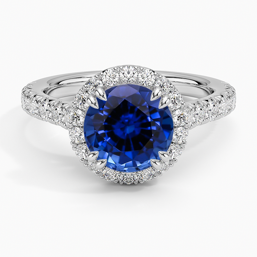 Lab Grown Sapphire Sienna Halo Half Coverage Diamond Ring in 18K White Gold