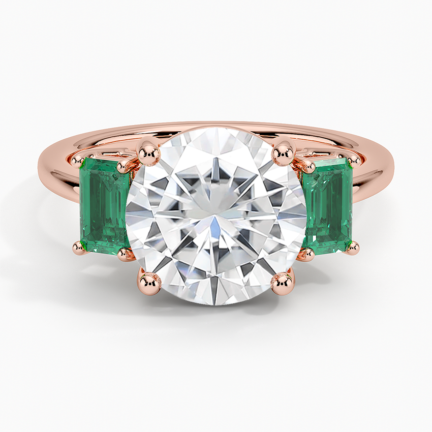 Moissanite Luxe Rhiannon Three Stone Lab Emerald Ring in 14K Rose Gold