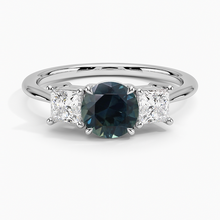 Sapphire Princess Cut Three Stone Diamond Ring in 18K White Gold