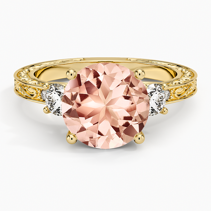 Morganite Antique Scroll Engraved Three Stone Diamond Ring (1/3 ct. tw.) in 14K Yellow Gold