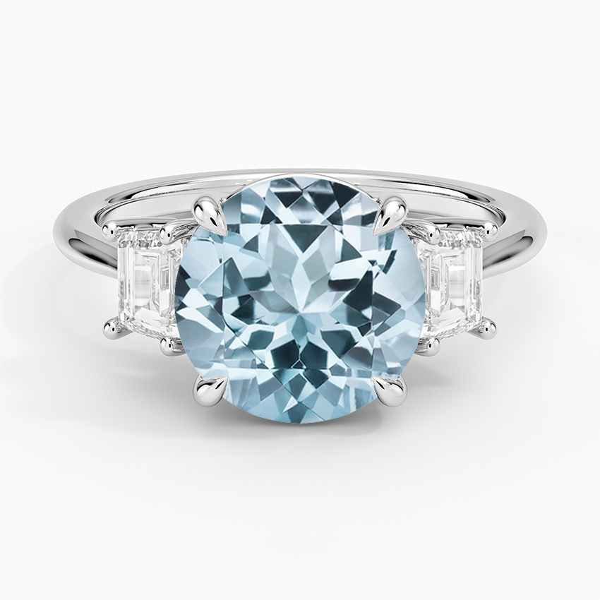 Aquamarine Embrace Three Stone Trapezoid Diamond Ring in 14K White Gold