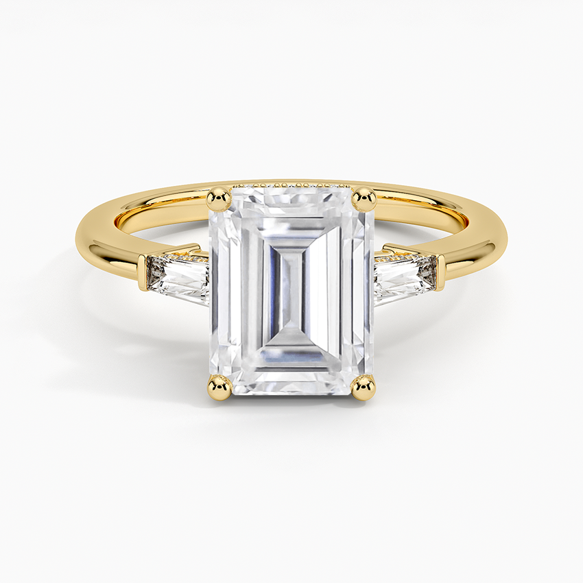 Moissanite Adorned Tapered Baguette Three Stone Diamond Ring in 18K ...