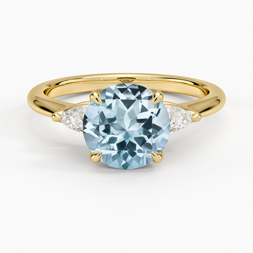 Aquamarine Petite Fleur Three Stone Diamond Ring in 18K Yellow Gold