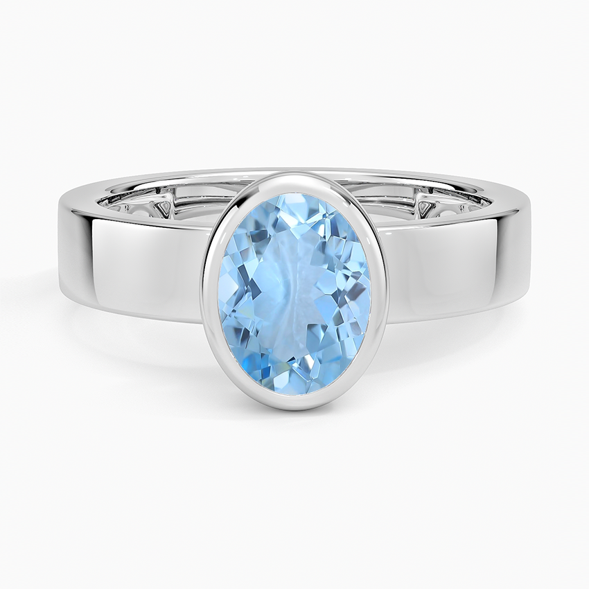 Aquamarine Peyton Bezel Diamond Solitaire Ring in 18K White Gold