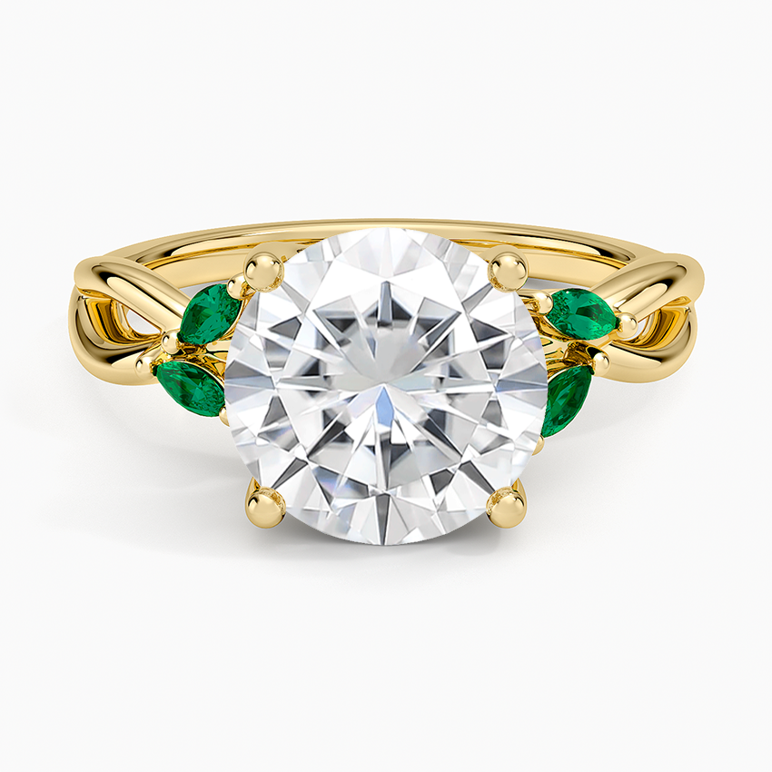 Moissanite Willow Ring With Lab Emerald Accents in 14K Yellow Gold