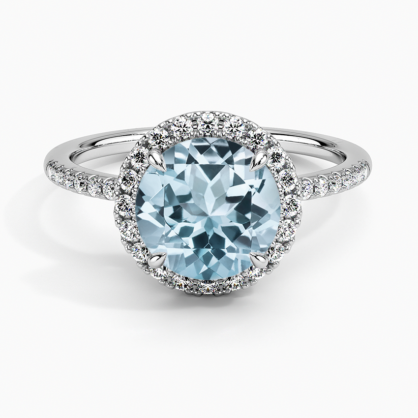 Aquamarine Cambria Halo Diamond Ring in 18K White Gold