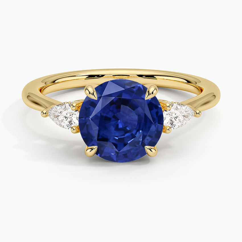 Sapphire Adorned Petite Opera Three Stone Diamond Ring in 14K Yellow Gold
