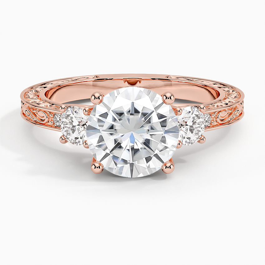 Moissanite Antique Scroll Engraved Three Stone Diamond Ring (1/3 ct. tw.) in 14K Rose Gold