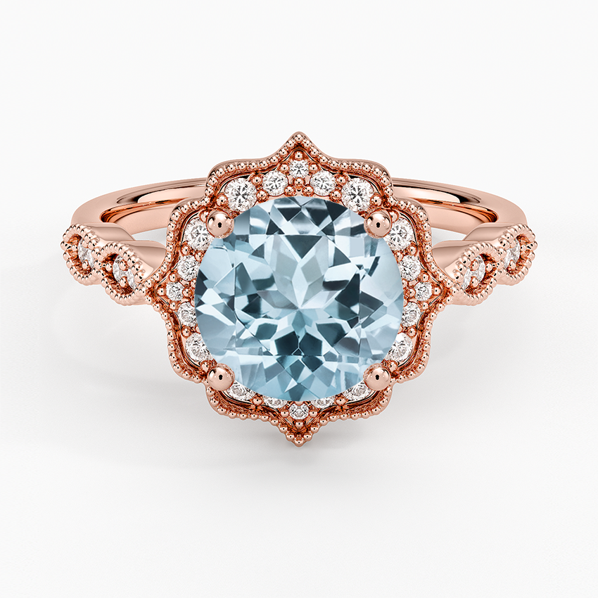Aquamarine Cadenza Halo Diamond Ring in 14K Rose Gold