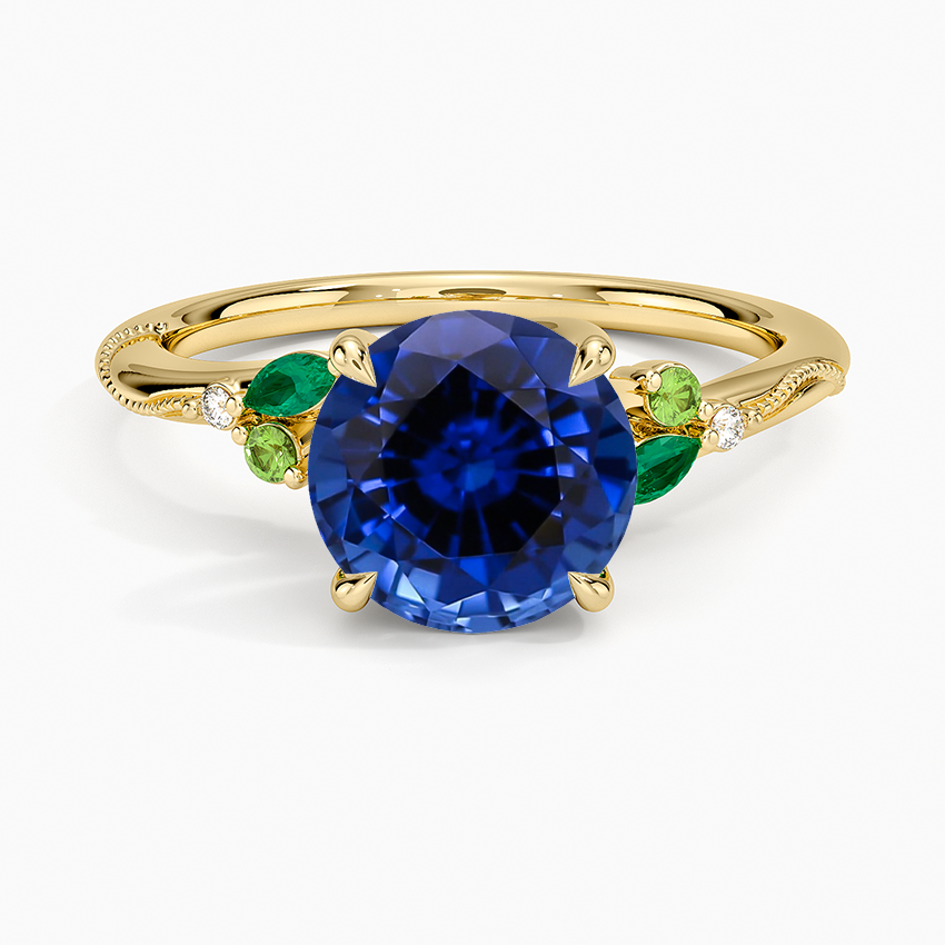 Lab Grown Sapphire Camellia Milgrain Green Gemstone and Diamond Ring in 14K Yellow Gold