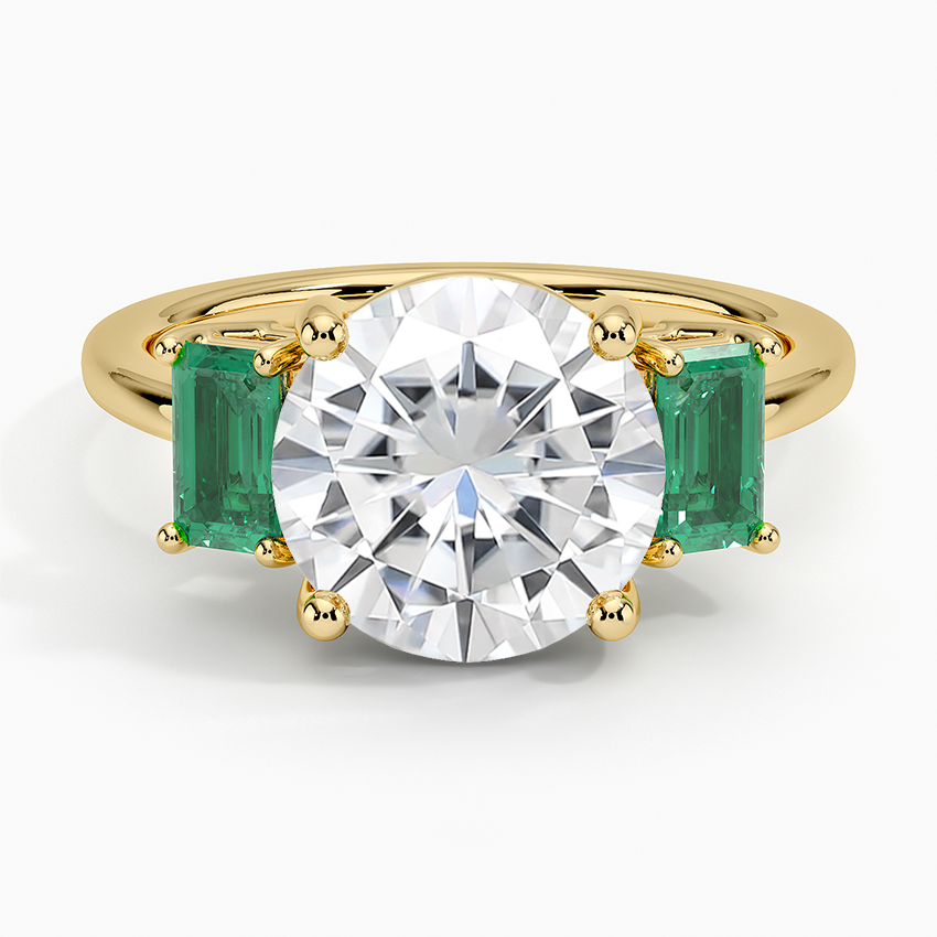 Moissanite Luxe Rhiannon Three Stone Lab Emerald Ring in 14K Yellow Gold