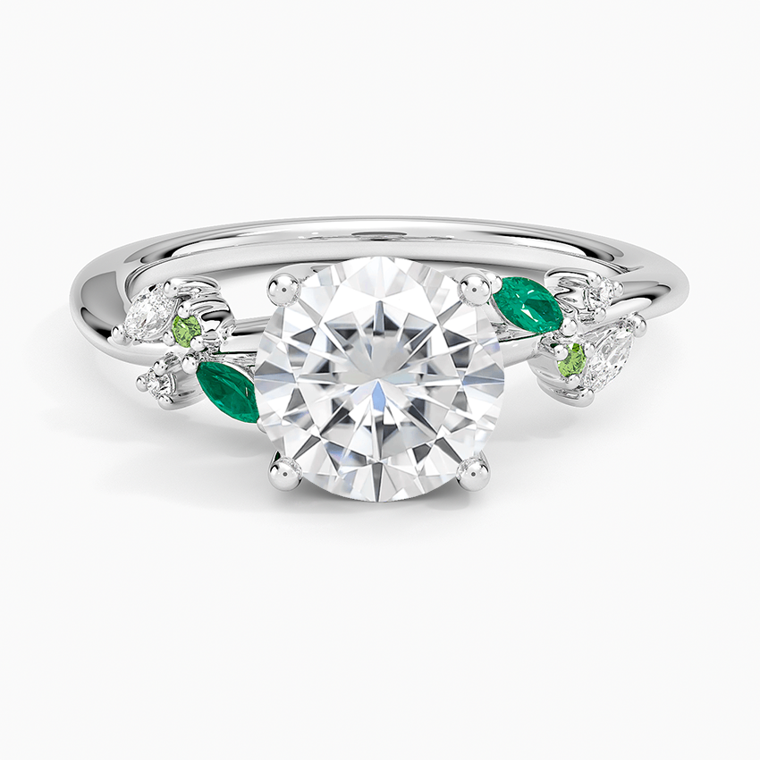 Moissanite Arden Lab Diamond Ring With Lab Emerald Accents in 14K White Gold