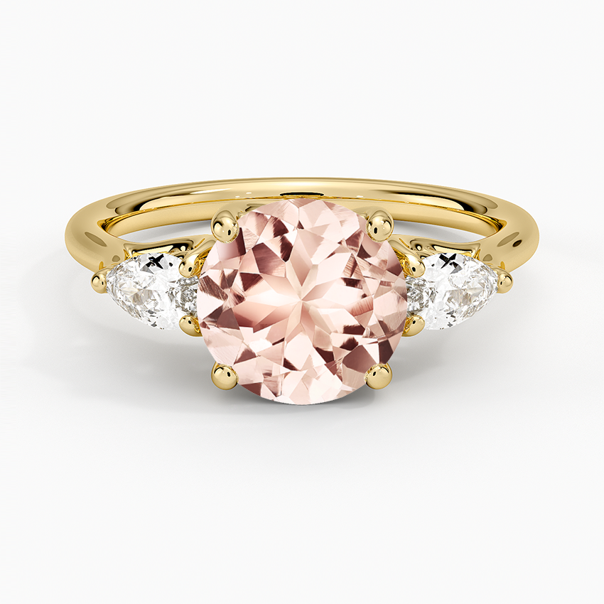 Morganite Trellis Three Stone Pear Diamond Ring in 18K Yellow Gold