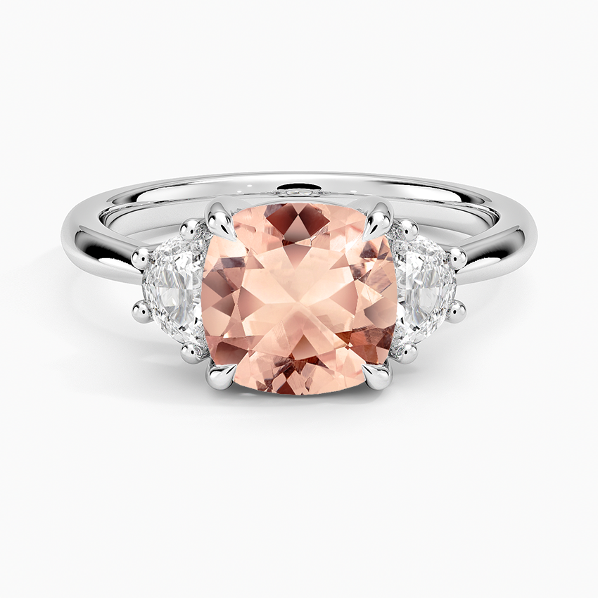 Morganite Half Moon Three Stone Diamond Ring (1/4 Ct. Tw.) in 14K White Gold