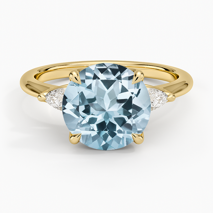 Aquamarine Petite Fleur Three Stone Diamond Ring in 14K Yellow Gold